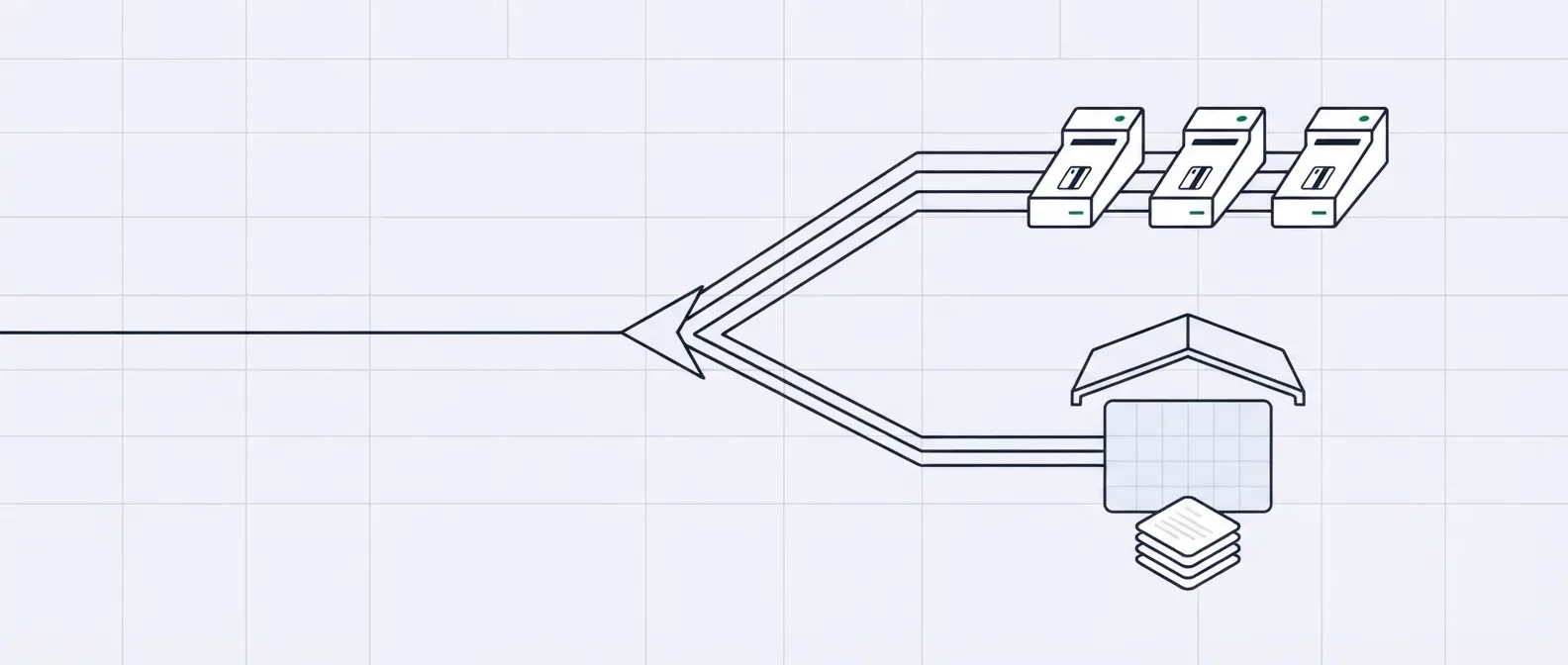 An abstract checkout path splitting between merchant-controlled payment routing and managed tax and dispute handling.