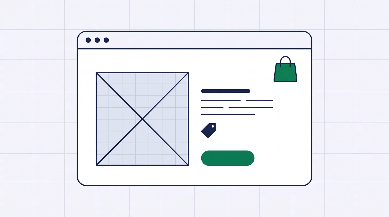 A browser frame holding a product page with a product image, a price tag and a blank green button, plus a green shopping bag, a store landing page.