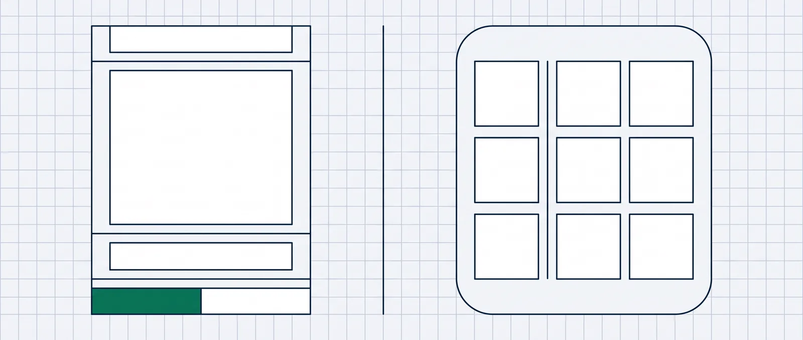 A split illustration: on the left a single landing page with a split-test bar, on the right a grid of equal module tiles.