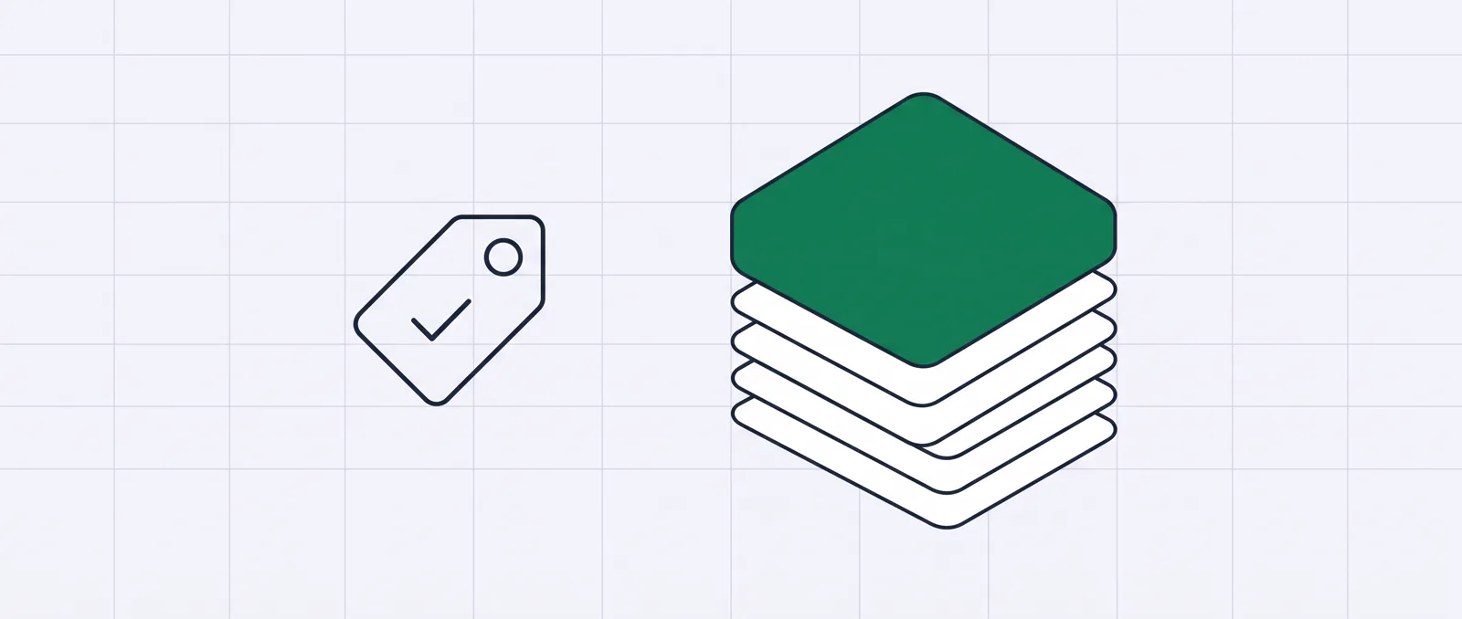 A price-tag card on the left against a tall stack of platform modules on the right, over a faint grid