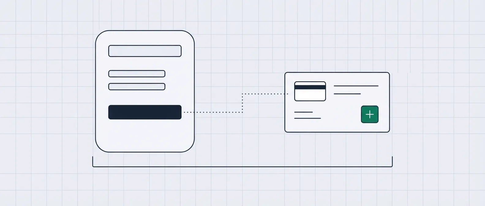 A landing page panel on the left connected by a dotted path to a checkout panel with an added line item on the right.