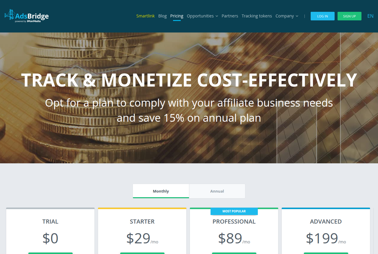The AdsBridge pricing page, captured from the vendor's own site, showing its Trial, Starter $29, Professional $89 (marked most popular) and Advanced $199 monthly plans.