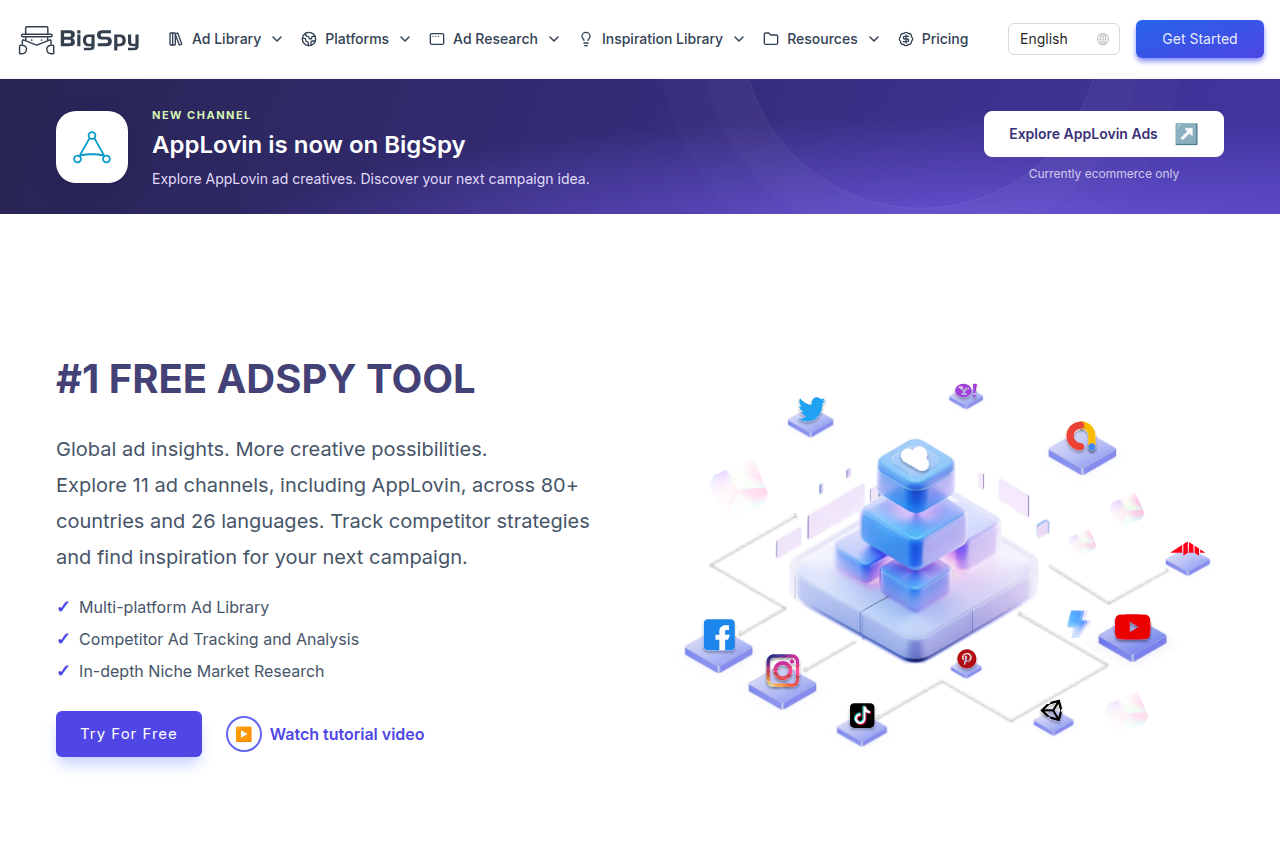 The BigSpy home page, showing its cross-platform ad library and search filters
