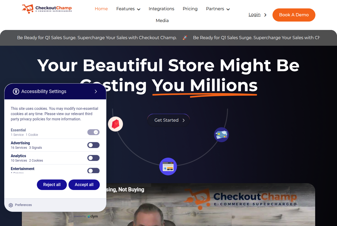 The Checkout Champ home page showing the vendor navigation and the headline about the cost of a store built for browsing.