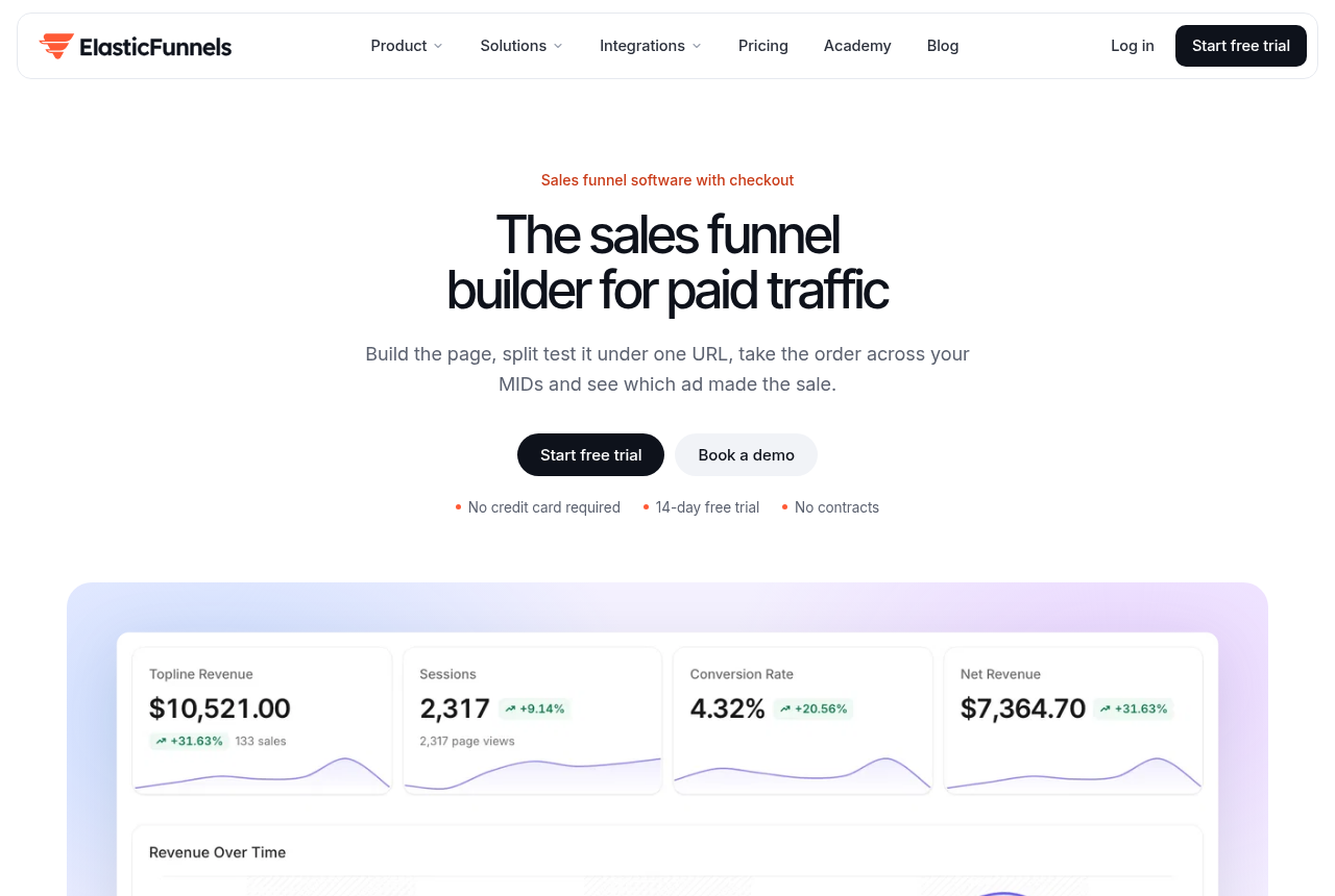 The ElasticFunnels, captured from the vendor's own site