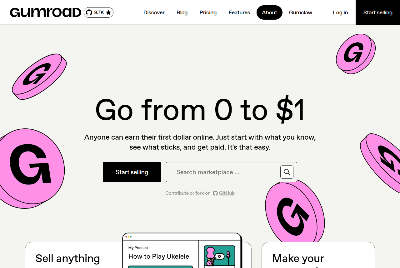 The Gumroad home page, captured from the vendor's own site, headed "Go from 0 to $1".