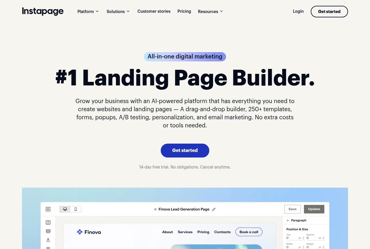 The Instapage, captured from the vendor's own site