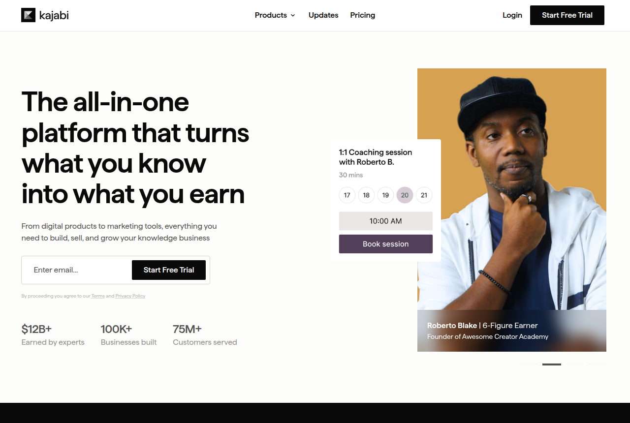 The Kajabi home page, with a headline about turning what you know into what you earn and a 1:1 coaching-session booking card