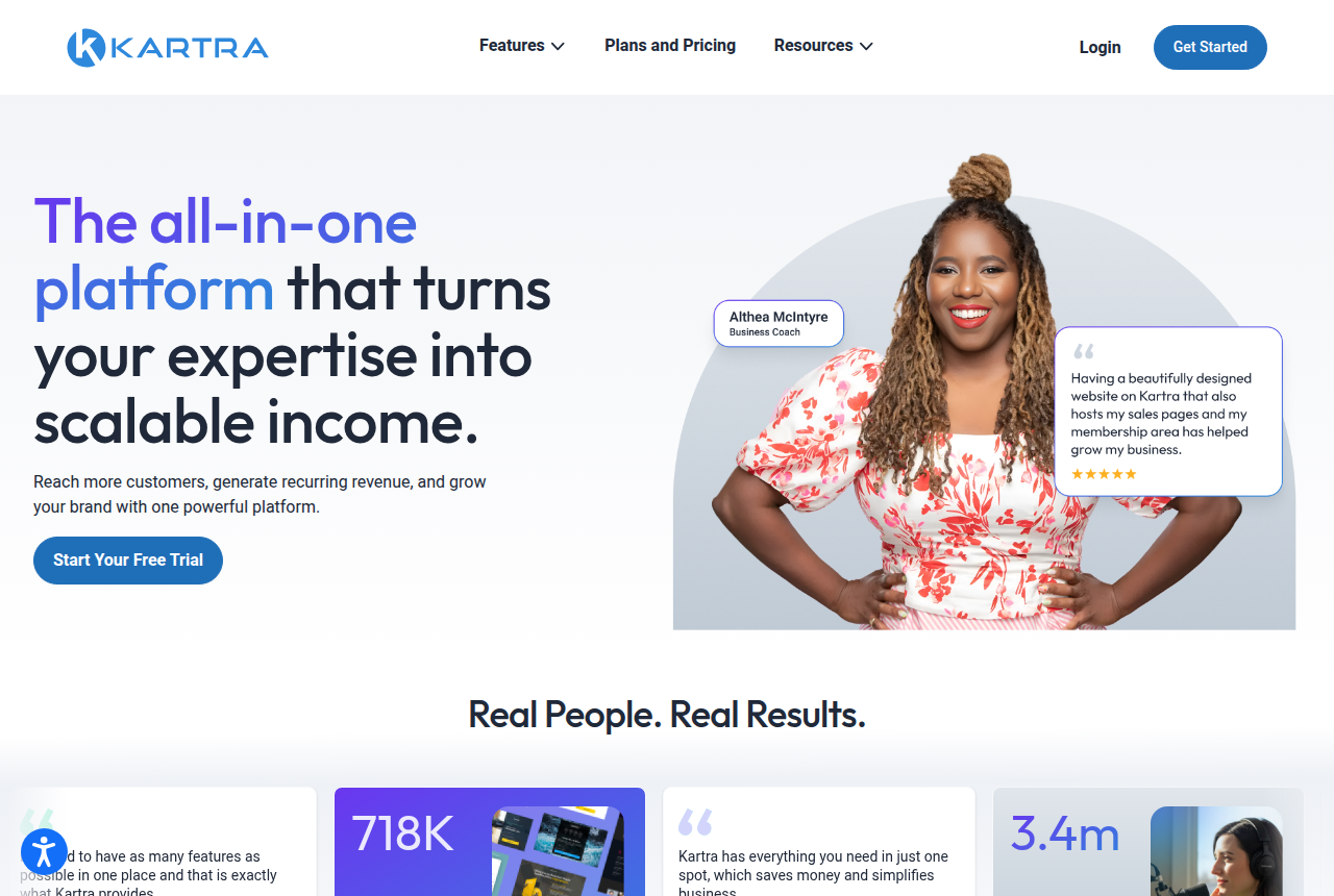The Kartra home page, captured from the vendor's site, with a headline about turning your expertise into scalable income and a Start Your Free Trial button.