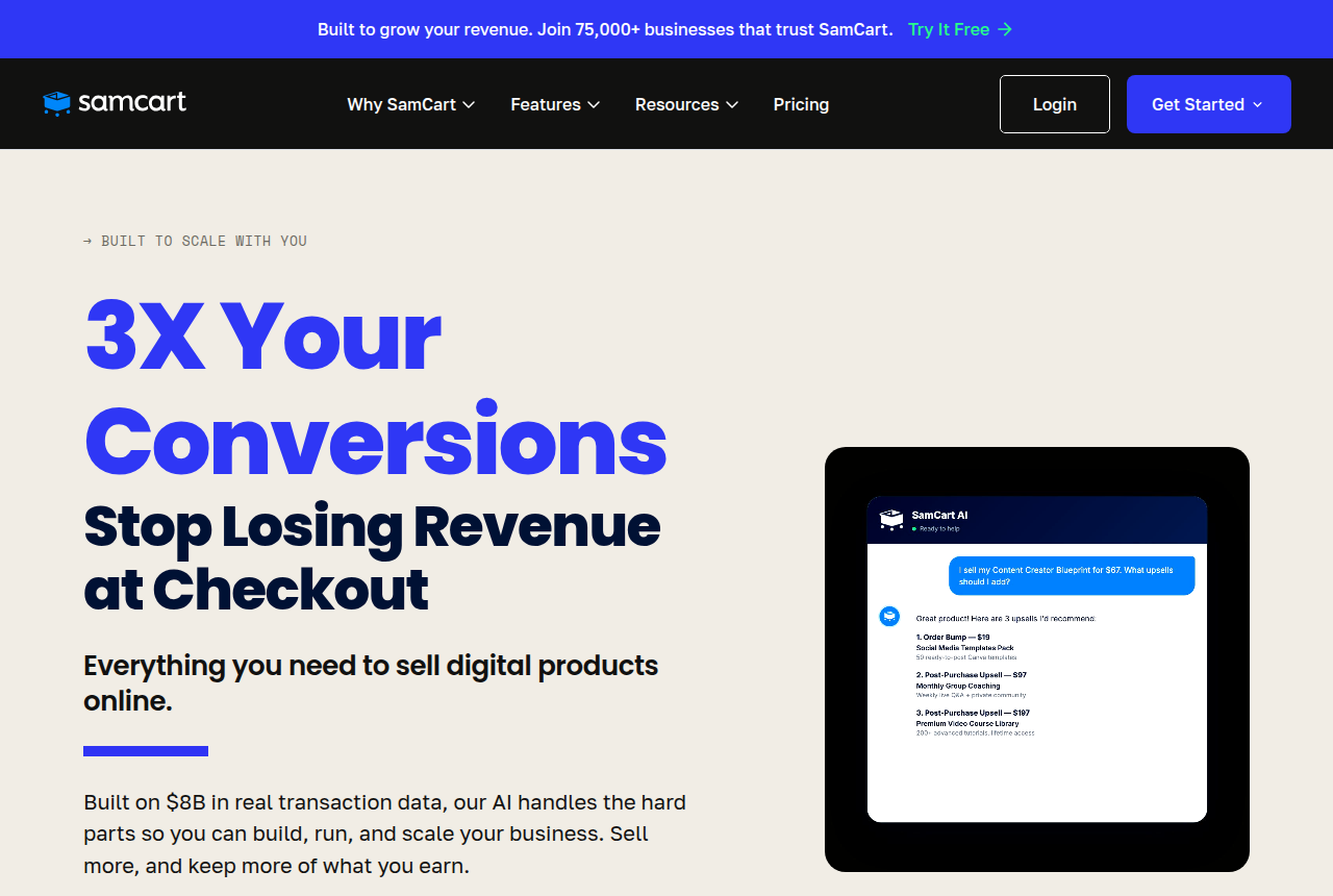 The SamCart home page, captured from the vendor's own site, headed "3X Your Conversions. Stop Losing Revenue at Checkout."