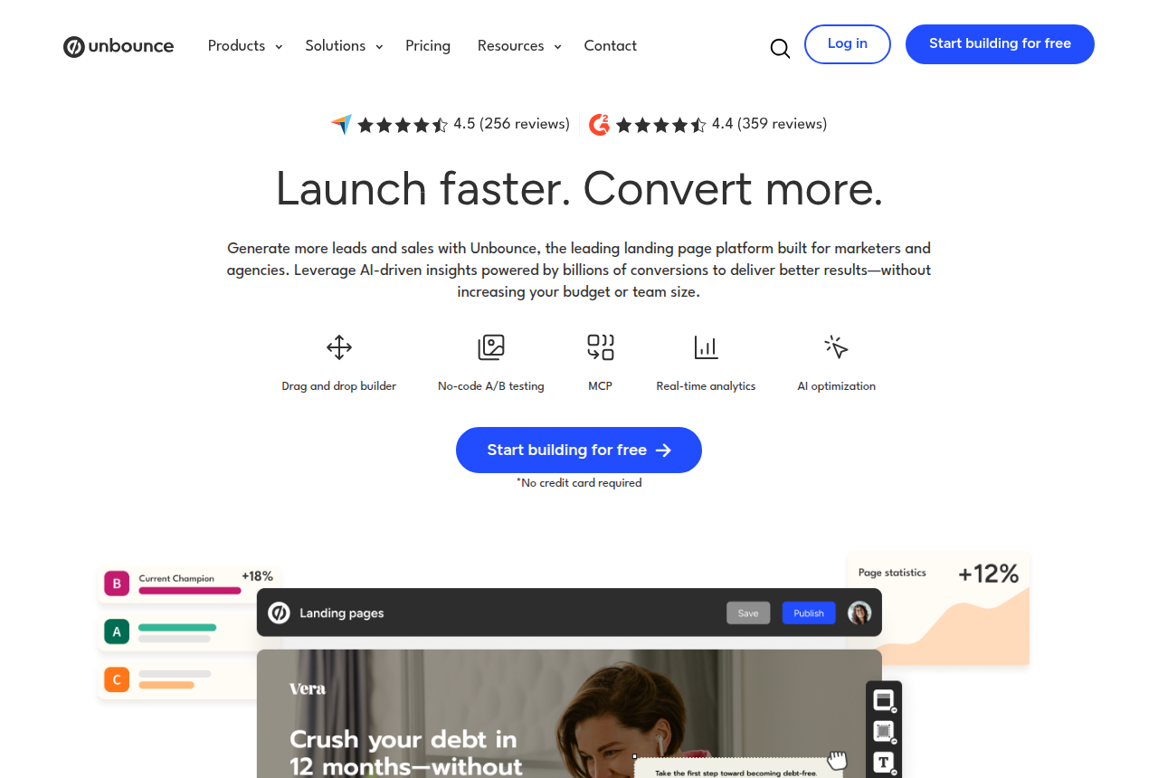 Unbounce homepage headed Launch faster. Convert more, with the landing-page builder interface shown below the trial button.